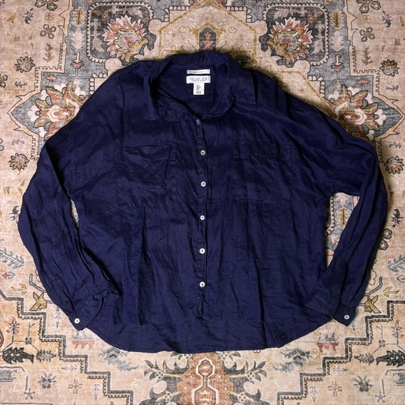 Rachel Zoe Tops - Rachel Zoe Navy Blue 100% Linen Button Down Shirt Womens Large Oversized Summer